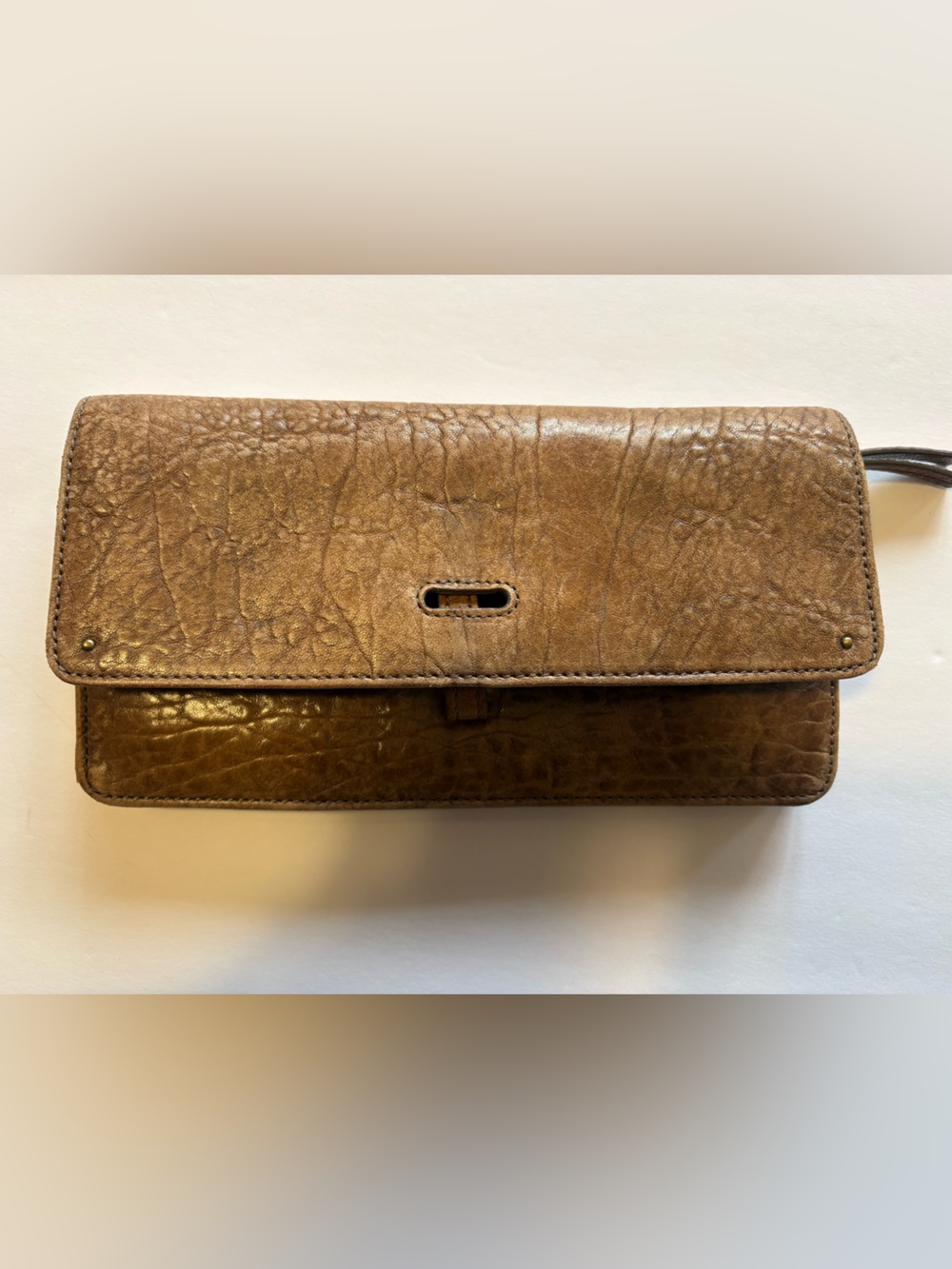 Pilcro Women’s Brown Leather Wallet Clutch Wristlet Textured Gold Tone